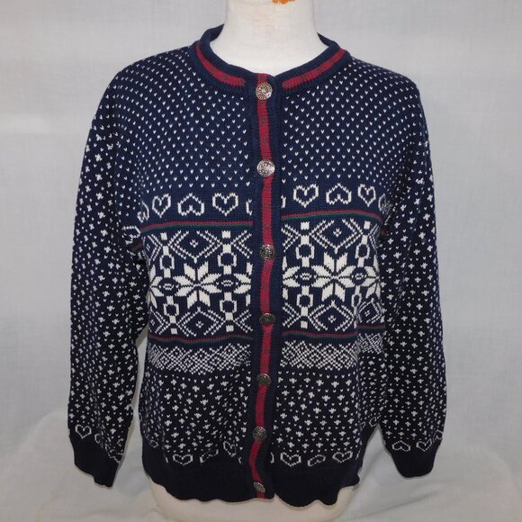 Willow Ridge Sweaters - VTG 90s Willow Ridge Womens L Blue White Fair Isle Snowflake  Cardigan Sweater
